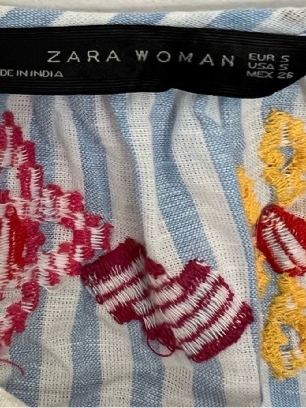 Zara Blue White Striped Embroidered Tassel Peasant Blouse Size M - Picture 14 of 15